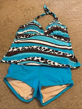 Bari Striped Aqua & Brown Tankini with Aqua Swim Shorts